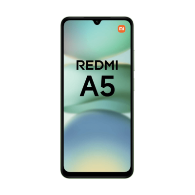 Smartphone Redmi A5 preto com texto REDMI A5 no ecrã