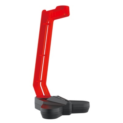 Suporte com base preta e braço vermelho translúcido em fundo branco