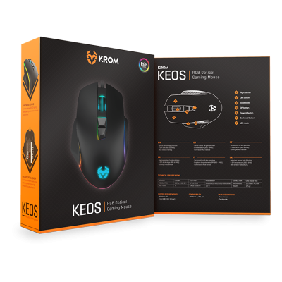 Caixa do rato gaming KROM KEOS RGB Optical Gaming Mouse com detalhes e informações do produto.