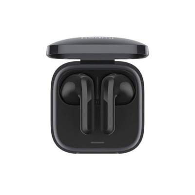 Auriculares sem fios pretos numa caixa carregadora preta aberta