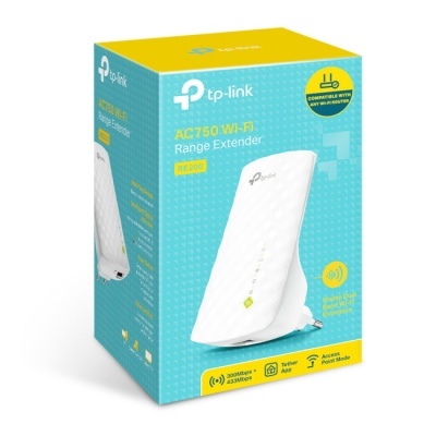 embalagem de extensor Wi-Fi TP-Link AC750 azul claro e amarelo