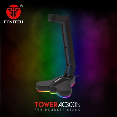 Suporte preto para auscultadores com iluminação RGB na base em fundo colorido
