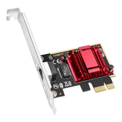Placa de rede PCIe com dissipador vermelho e conector metálico prateado