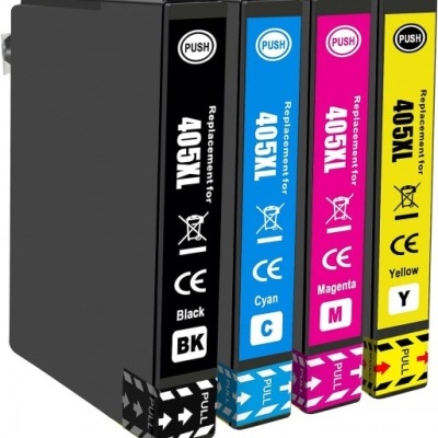 Quatro tinteiros de impressora em preto, ciano, magenta e amarelo com etiquetas e texto