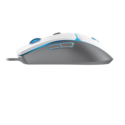 Rato de computador branco, cinzento e azul com botões laterais e cabo visível