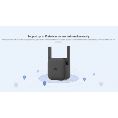 Extensor de sinal Wi-Fi Xiaomi cinzento escuro com duas antenas e texto informativo