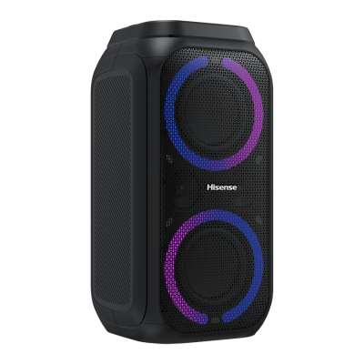 Coluna de som portátil HISENSE preta com iluminação LED azul e roxa