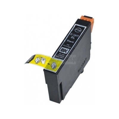 Cartucho de tinta preto para impressora com etiqueta preta e branca e selo amarelo de instruções.