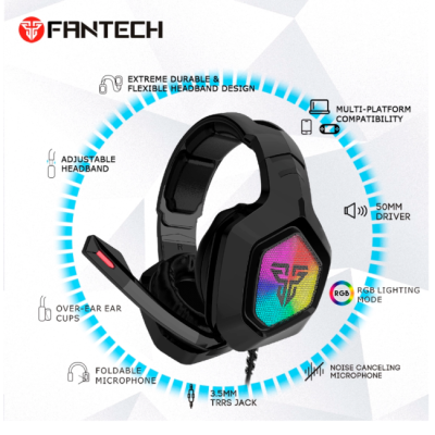 Auriculares gaming Fantech pretos com luzes RGB e microfone dobrável