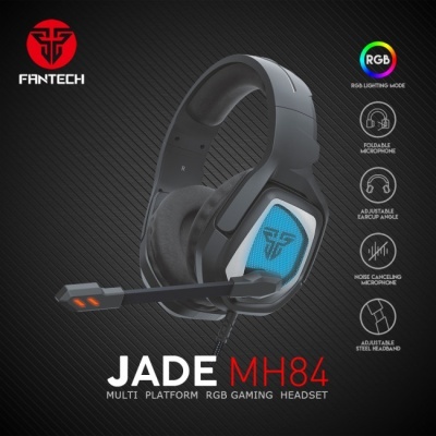 Headset gaming FANTECH JADE MH84 preto com detalhes em azul e laranja e iluminação RGB