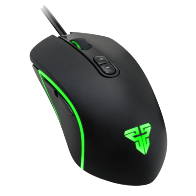 Rato gaming preto com iluminação verde e botões adicionais