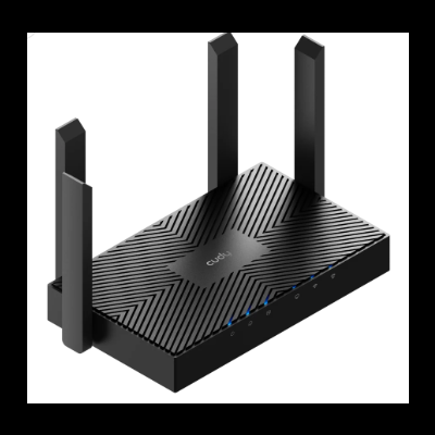 Roteador Wi-Fi preto com três antenas verticais e superfície texturizada.