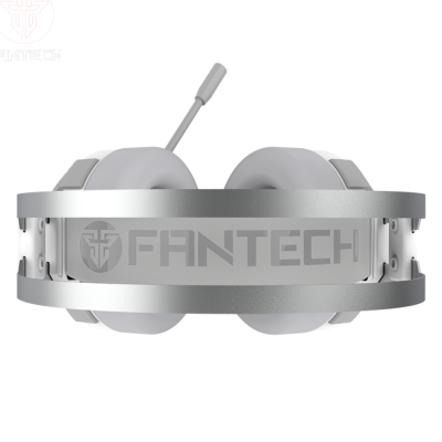 Fone de ouvido FANTECH cinzento e branco com microfone e estrutura metálica prateada