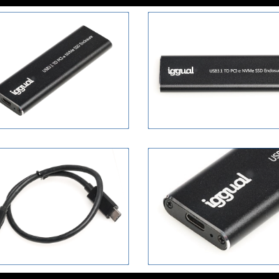 Caixa externa para SSD NVMe preta e cabo USB preto.