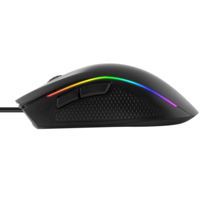 Rato de computador preto com iluminação LED multicolorida e dois botões laterais