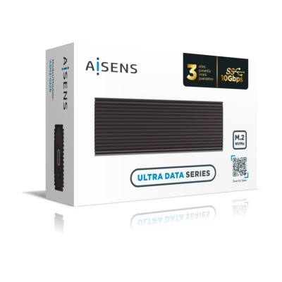 Embalagem branca do dispositivo AISENS Ultra Data Series com garantia e especificações M.2 NVMe