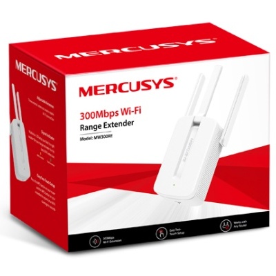 Embalagem do repetidor Wi-Fi MERCUSYS 300Mbps MW300RE com design vermelho e branco