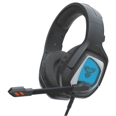 Auscultadores gaming preto e azul com microfone e earpads cinzentos