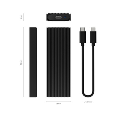 Dispositivo eletrónico preto com porta USB Type-C, LED azul e cabo USB Type-C preto em fundo branco