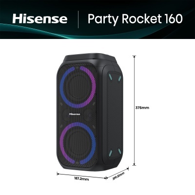Coluna de som preta Hisense Party Rocket 160 com iluminação LED
