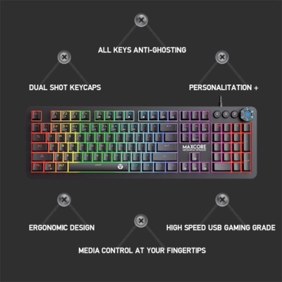 Teclado gaming Maxcore com luzes RGB e funcionalidades destacadas