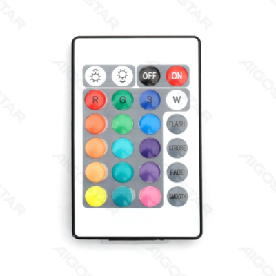 Comando remoto com botões coloridos para controlar luzes RGB.