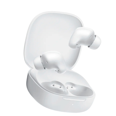 Auriculares sem fios brancos com estojo de carregamento aberto.
