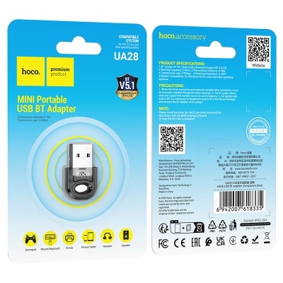 Adaptador USB Bluetooth mini portátil da hoco. em embalagem azul e amarelo