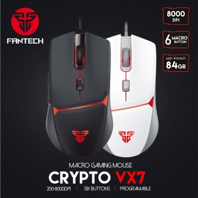 dois ratos gaming FANTECH CRYPTO VX7 preto e branco com iluminação vermelha
