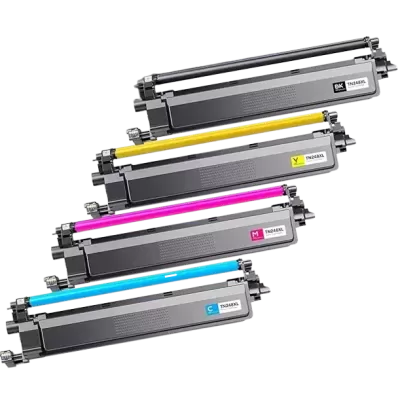 Quatro toners de impressora coloridos com etiquetas