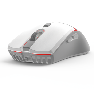 Rato de computador branco com detalhes vermelhos e botões laterais