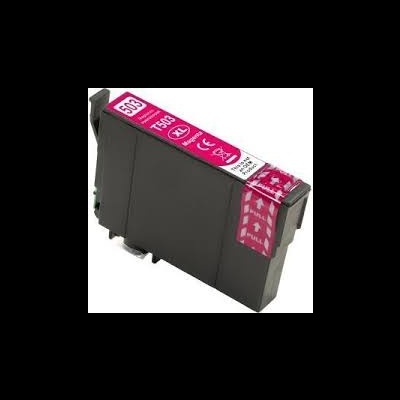 Cartucho de tinta preto com etiqueta rosa e texto branco