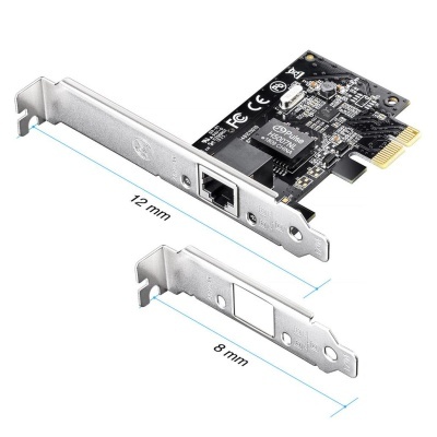 Placa de rede PCIe preta com conector Ethernet e placas metálicas prateadas com medidas 12mm e 8mm