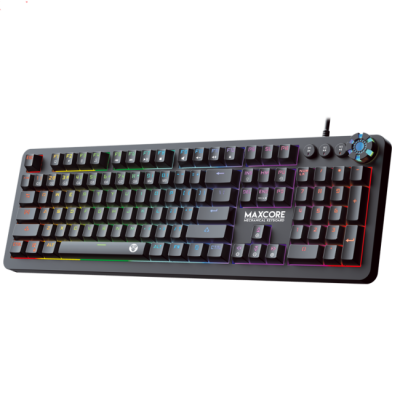 Teclado mecânico preto com iluminação RGB e botão giratório azul
