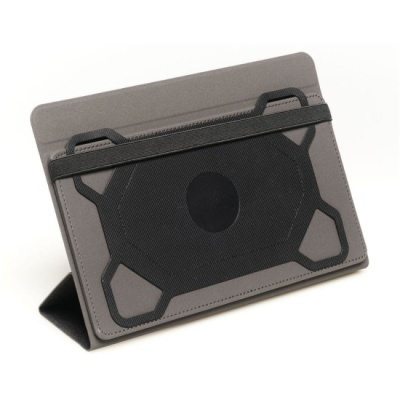 Suporte para tablet cinza com faixa preta e padrão hexagonal preto