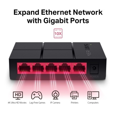 Switch Ethernet MERCUSYS preto com 5 portas gigabit em rosa e texto promocional