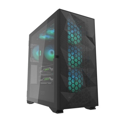 Computador de secretária com caixa preta e ventoinhas LED azuis e verdes