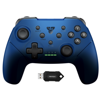 Comando de videojogo azul escuro com joysticks e botões, e dongle USB preto