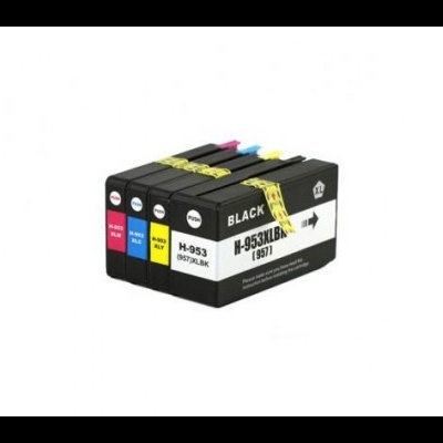 Conjunto de tinteiros coloridos para impressora com etiquetas e códigos visíveis