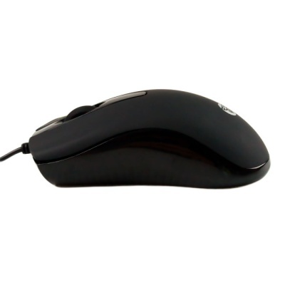 Rato de computador preto com cabo e botões laterais sobre fundo branco