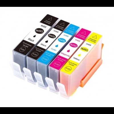 Conjunto de cinco tinteiros para impressora com etiquetas coloridas e tampas brancas