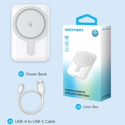Banco de energia magnético wireless VENTION 5000mAh com cabo USB-A para USB-C e caixa colorida