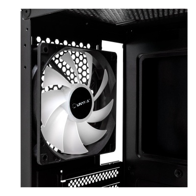 Ventoinha branca dentro de caixa preta metálica com ventilação de padrão colmeia