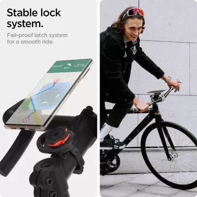 Suporte para telemóvel montado no guiador de uma bicicleta com telemóvel e pessoa a andar de bicicleta