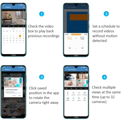 Interface da aplicação de vídeo segurança neflos em quatro ecrãs de smartphone mostrando várias funcionalidades
