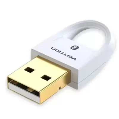 Adaptador USB branco com conector dourado e texto Vention