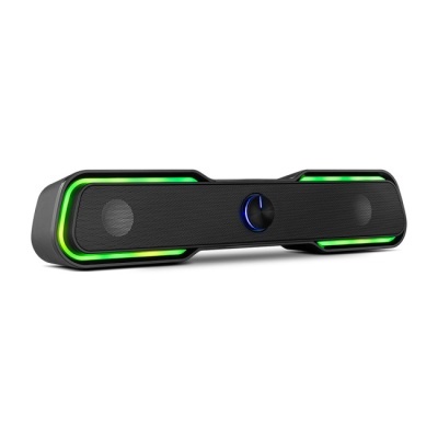 Coluna de som preta com luzes LED verdes e botão azul