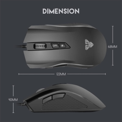 Rato de computador preto com botões e medidas indicadas.