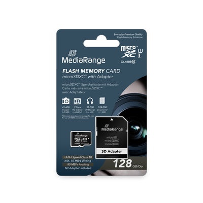 Cartão de memória flash MediaRange microSDXC 128 GB com adaptador em embalagem azul.