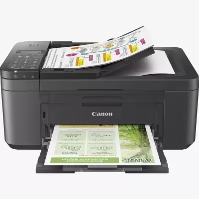 Impressora multifunções Canon preta a imprimir documentos coloridos